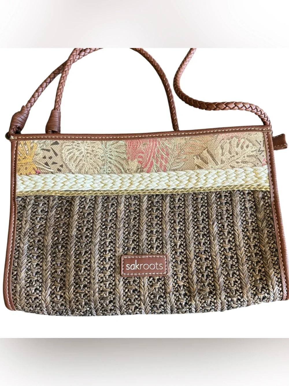Sakroots Artist Circle Brown Woven Straw Ratan Jute Crossbody Bag NEW